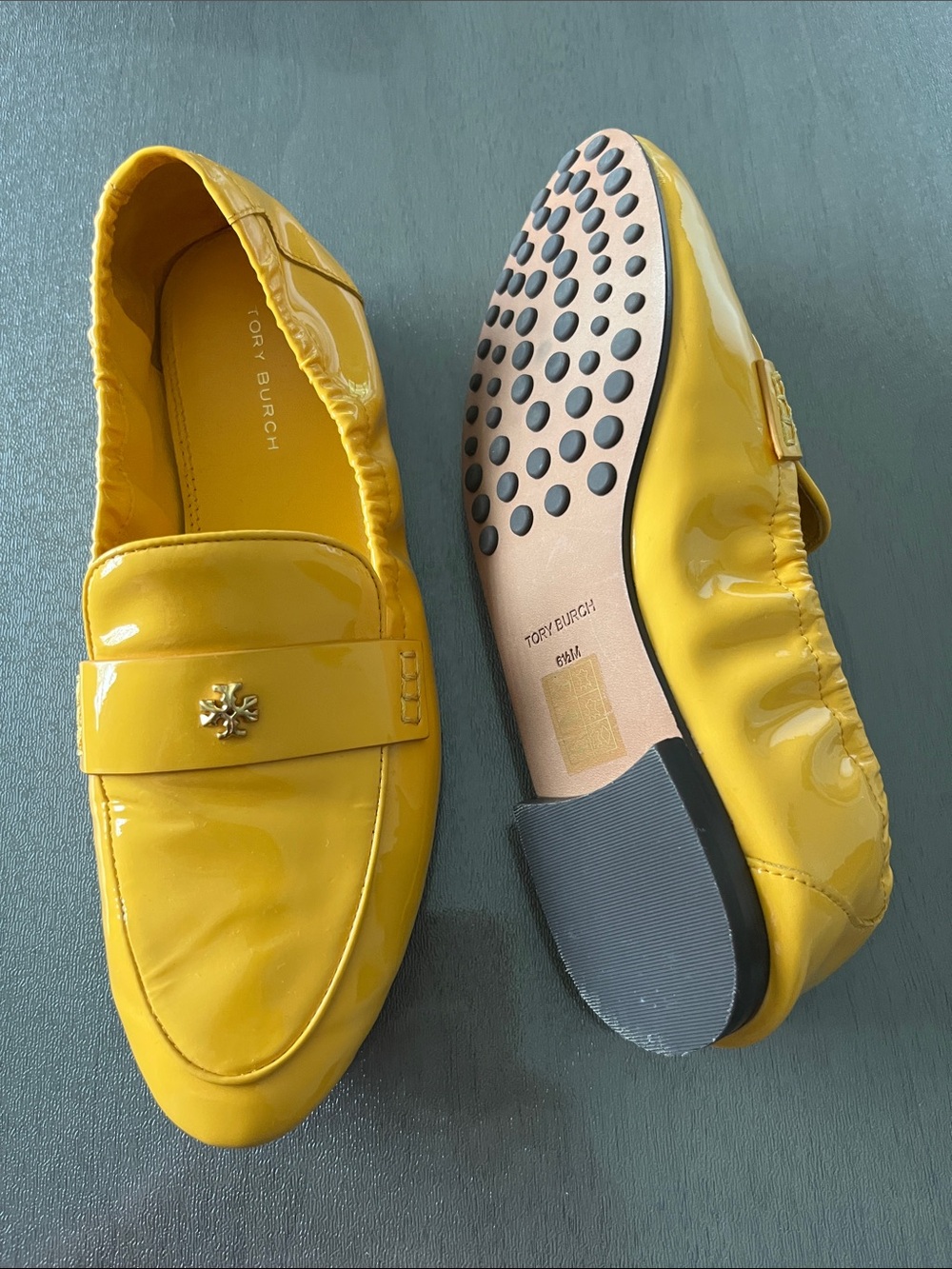 Tory Burch Yellow Patent Leather Penny Loafers with Gold Logo